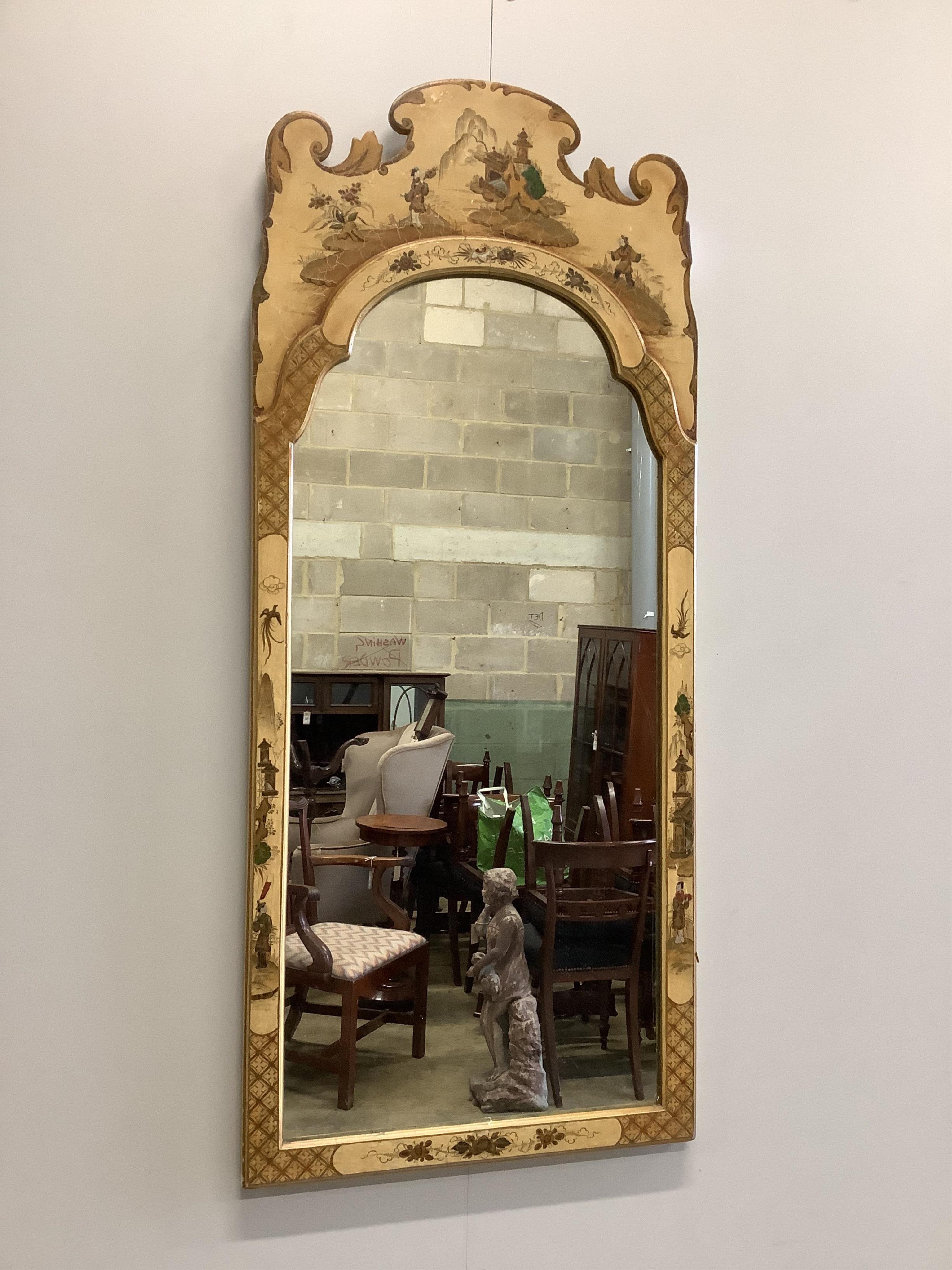 A set of three ivory chinoiserie lacquer wall mirrors, largest width 46cm, height 108cm. Condition - fair